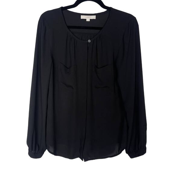 LOFT M Black Long Sleeve Keyhole Neck Blouse Top Chest Pocket Slightly Sheer - Picture 1 of 7